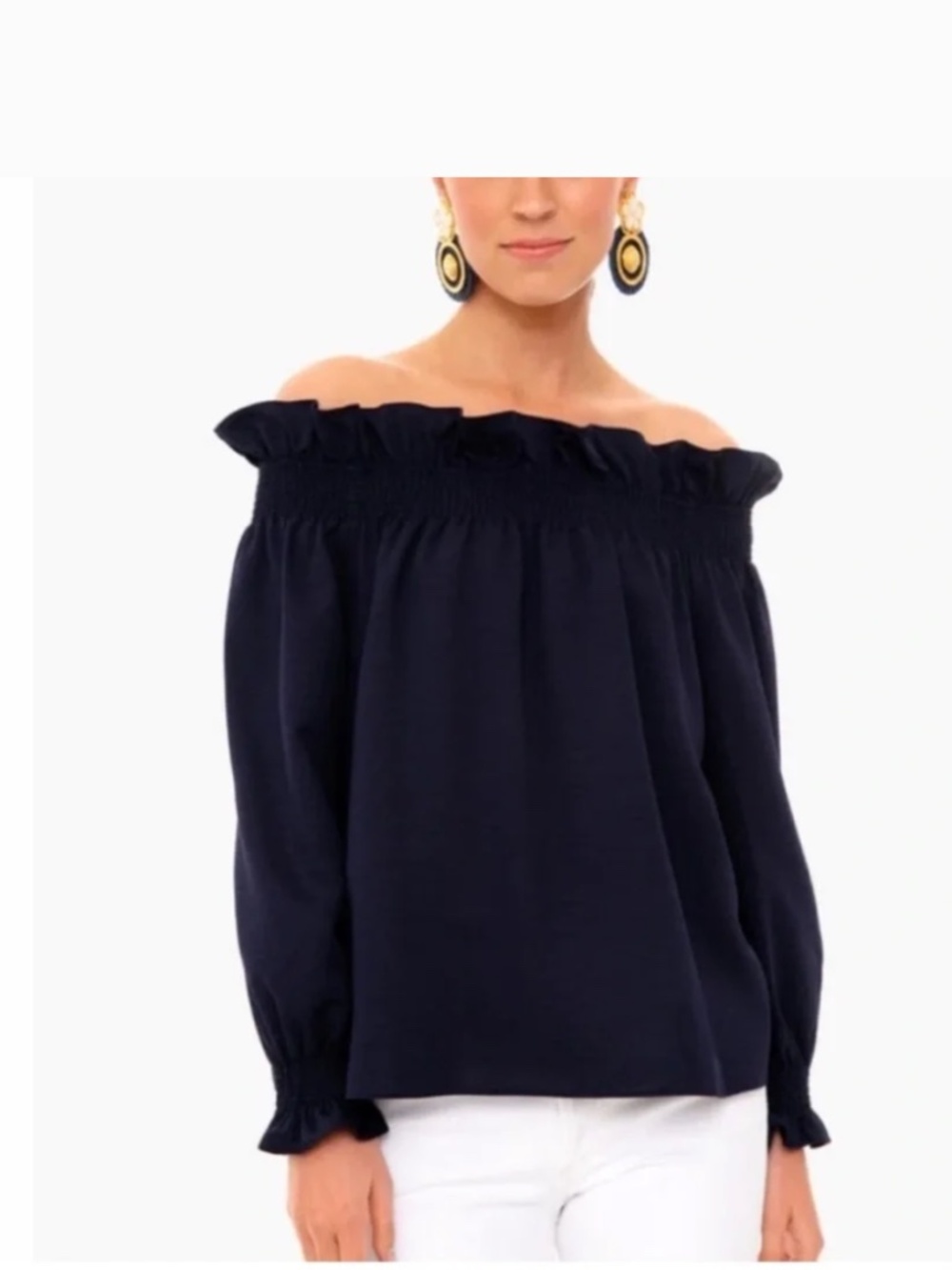 Tuckernuck Women's Navy Off the Shoulder Marguerite Blouse Ruffle Sleeve Top